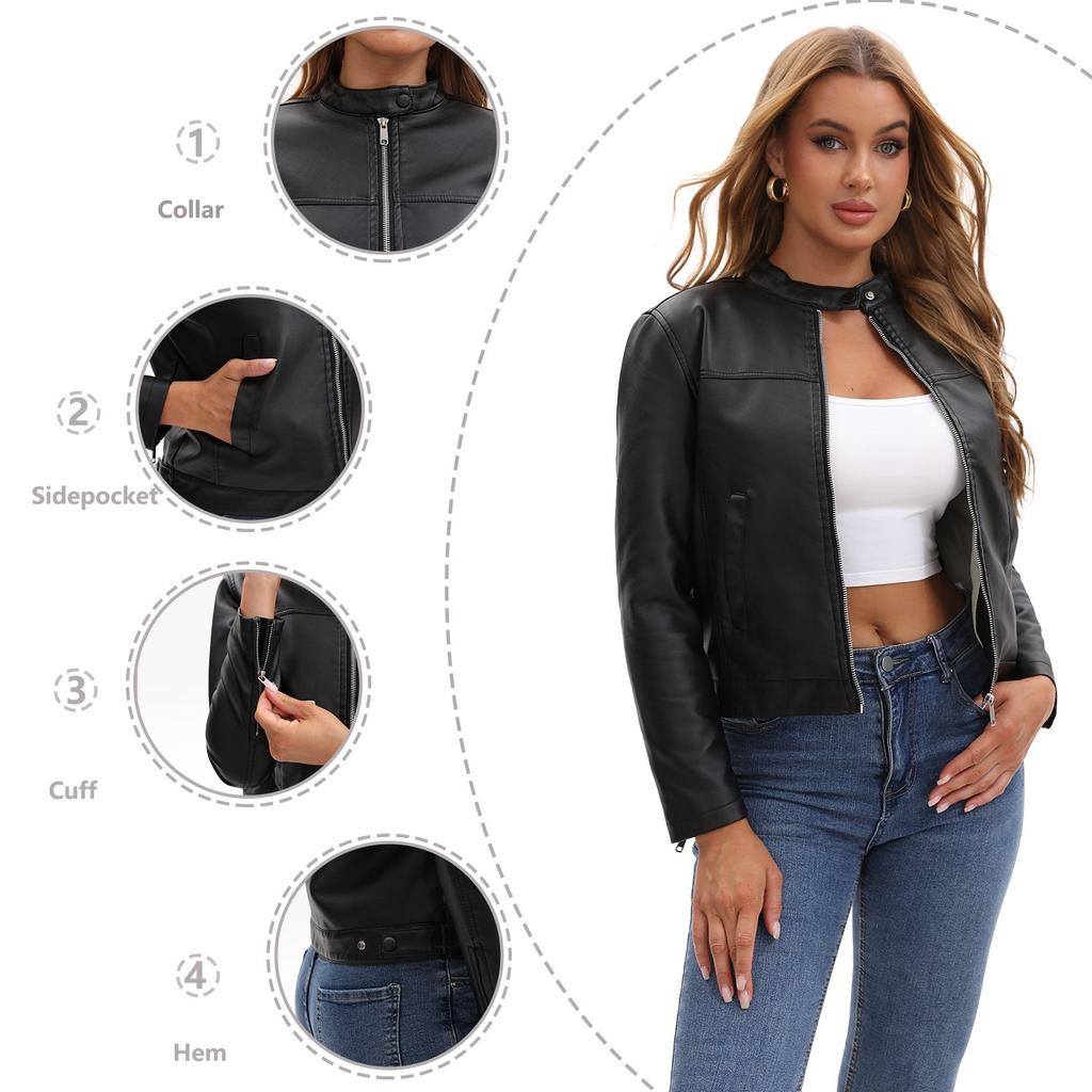 25 Spring and Autumn New Casual Leather Clothing Women's Fashion European and American Street European and American Size Stand-up Collar Jacket