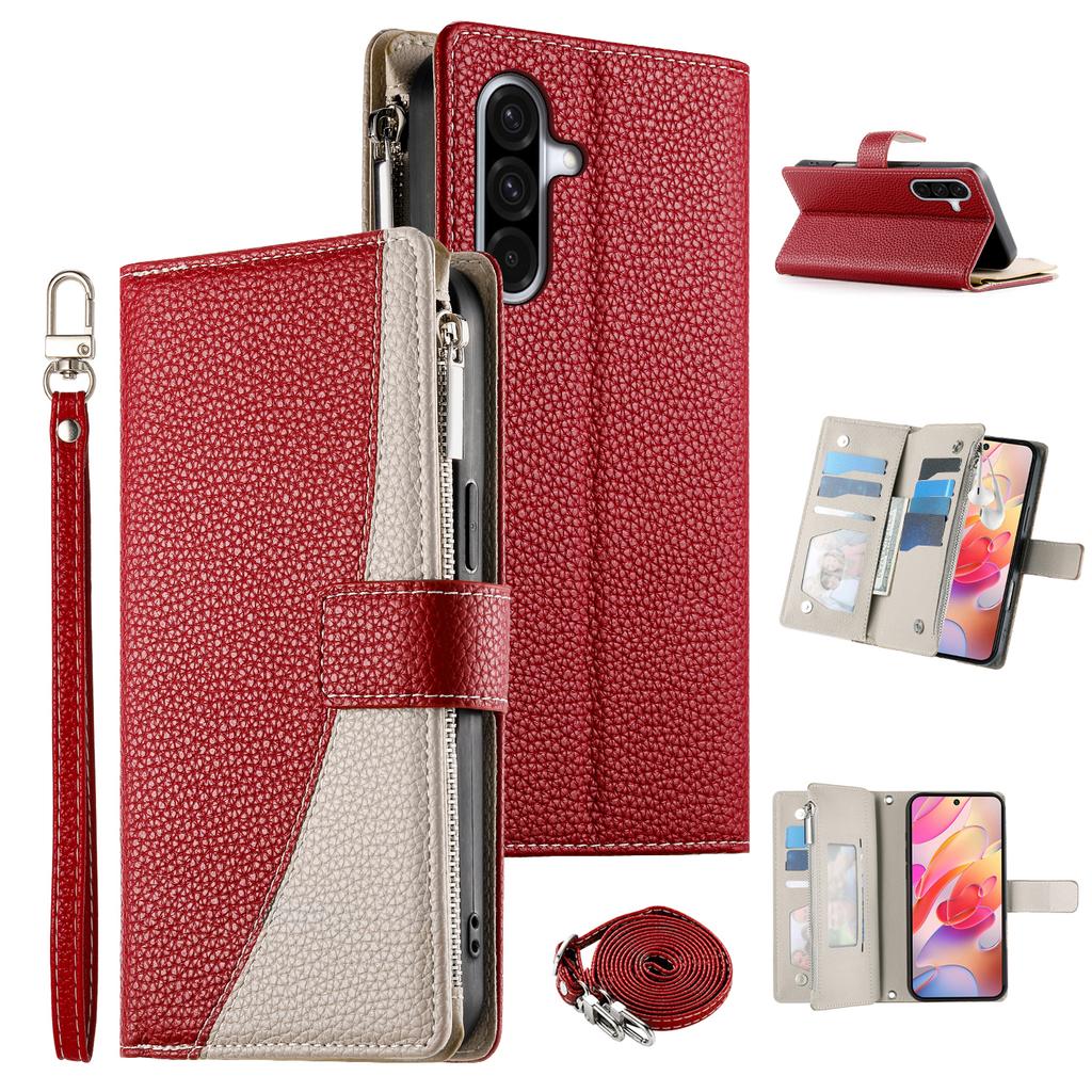 For Samsung Galaxy A36 5G Case Zipper Wallet Color Splicing Leather Flip Phone Cover with Straps