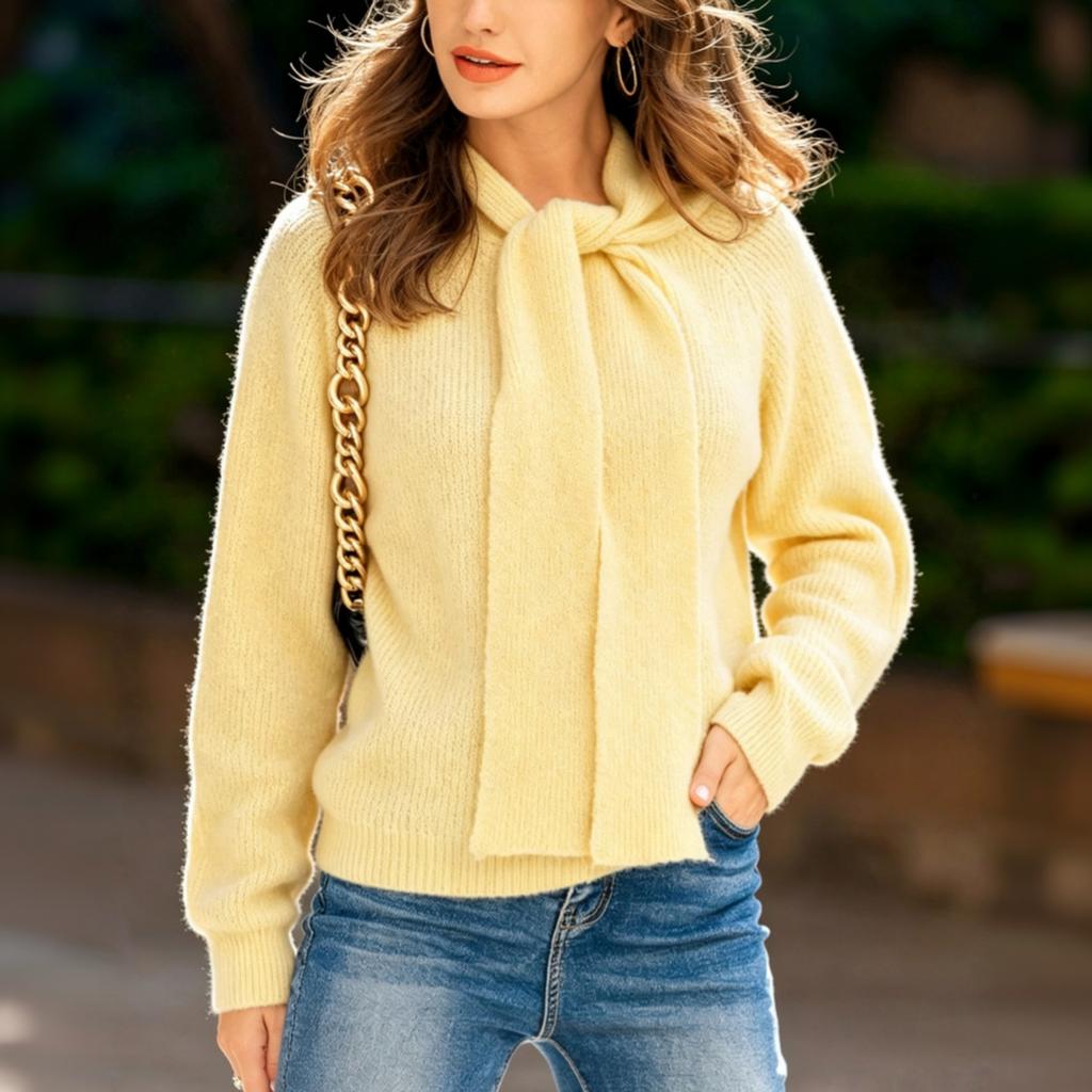 Women's Tie Front Knit Pullover Sweater Long Sleeve Color Versatile Casual Top