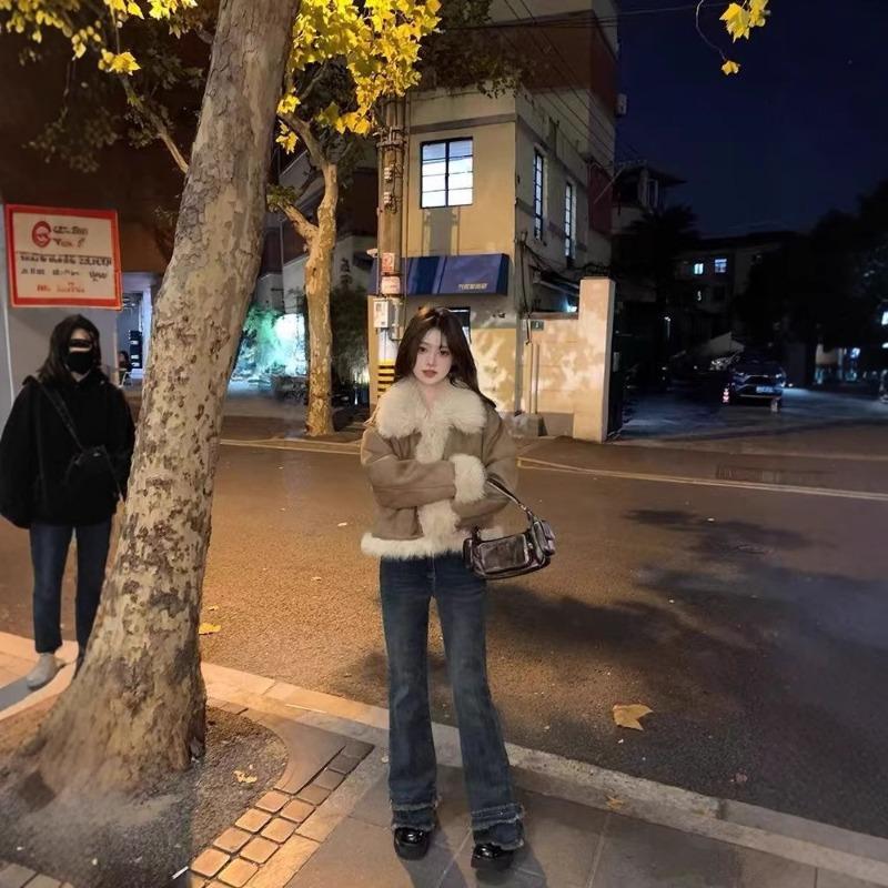 Retro fur integrated brown suede short fur jacket women's thin fur top autumn and winter