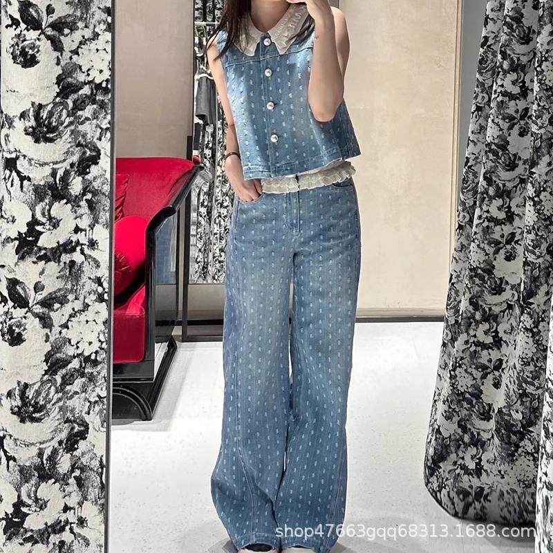 1116 summer new Korean lace lace vest high waist fake two-piece jeans two-piece set small fragrant style set