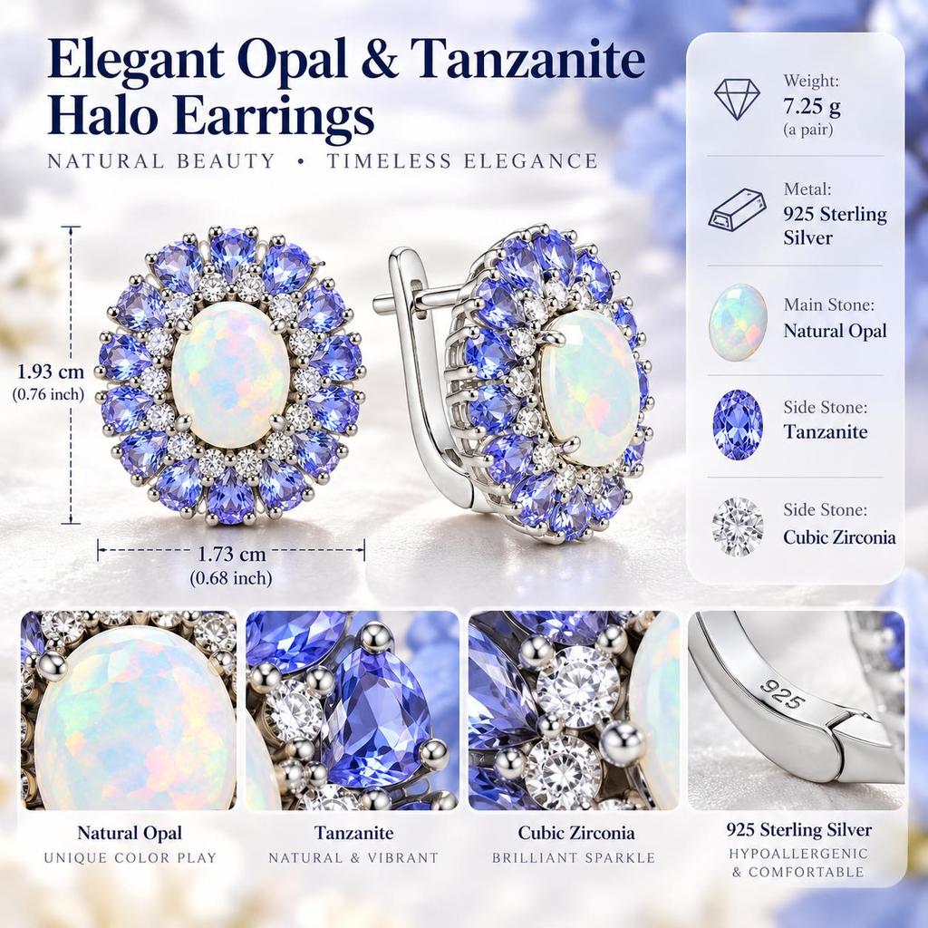 Natural Opal clasp Earring real tanzanite 925 Sterling Silver Women's luxury Birthday Holiday Gift fine Jewelry