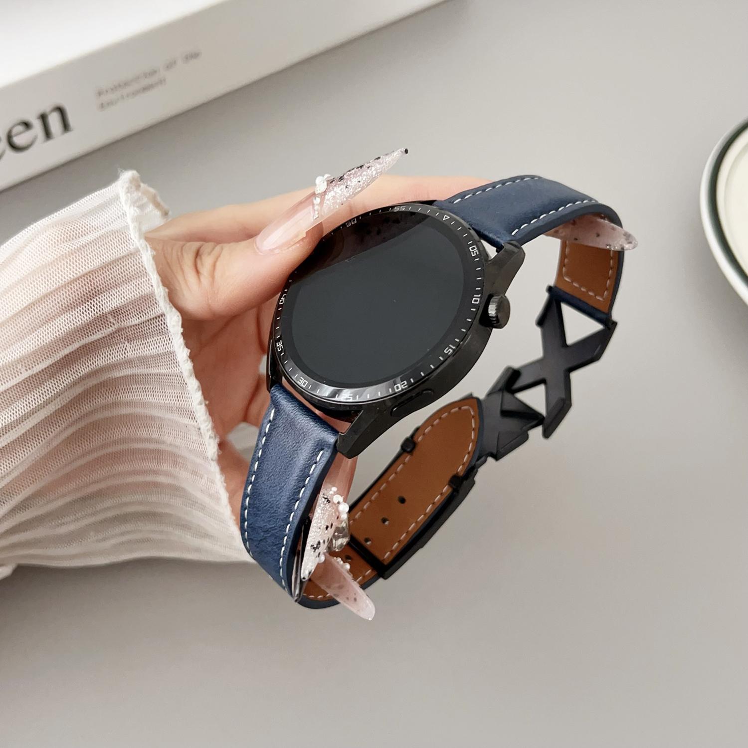 

Genuine Leather Watch Band For Huawei Watch GT 5 46mm Universal 22mm Strap with Magnetic Clasp X-Buckle Dark Blue