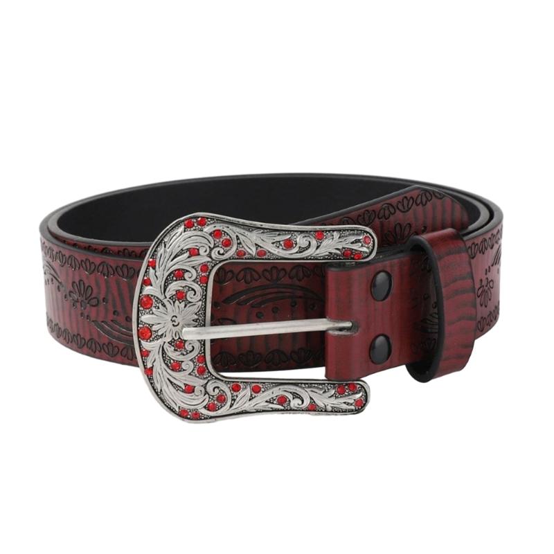 Shimmering PU Waist Belt with Carved Floral Buckle for Girls Jeans Skirt Decor