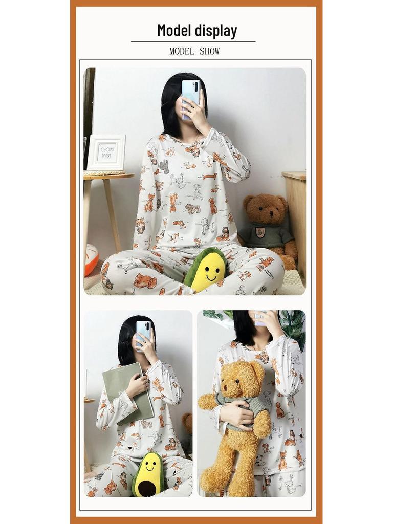 Damen Frühling & Herbst Niedliches Cartoon Pyjama Set: Langärmeliges, langhosenartiges zweiteiliges Homewear-Set mit Rundhalsausschnitt.
