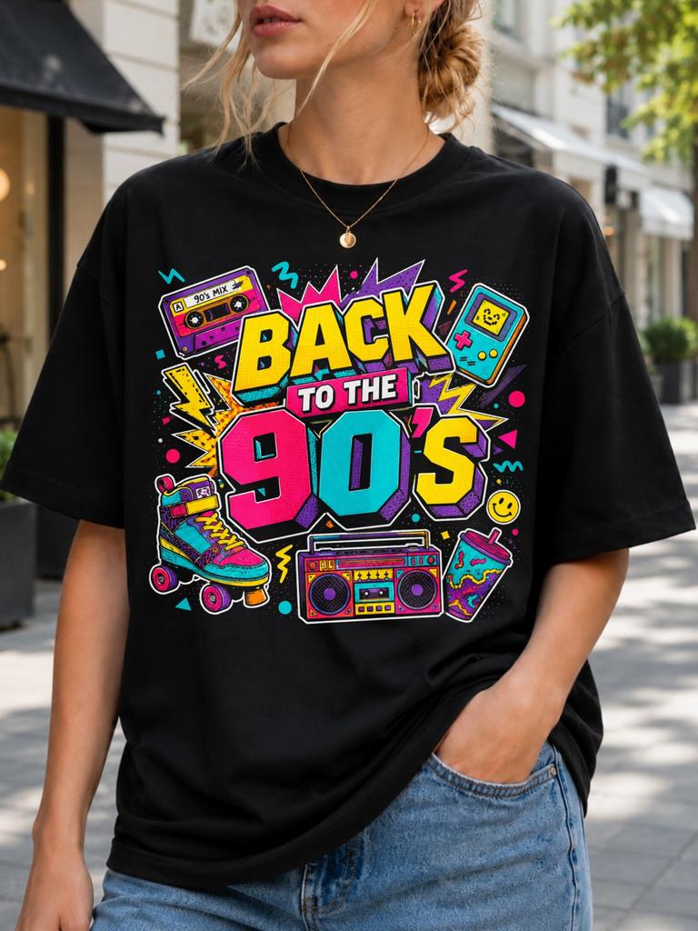 Zurück in die 90er mit Rollschuh-Boombox Handheld-Spielkassette und kräftigen Neon-Arcade-Buchstaben Damen Unisex Ganzes T-Shirt
