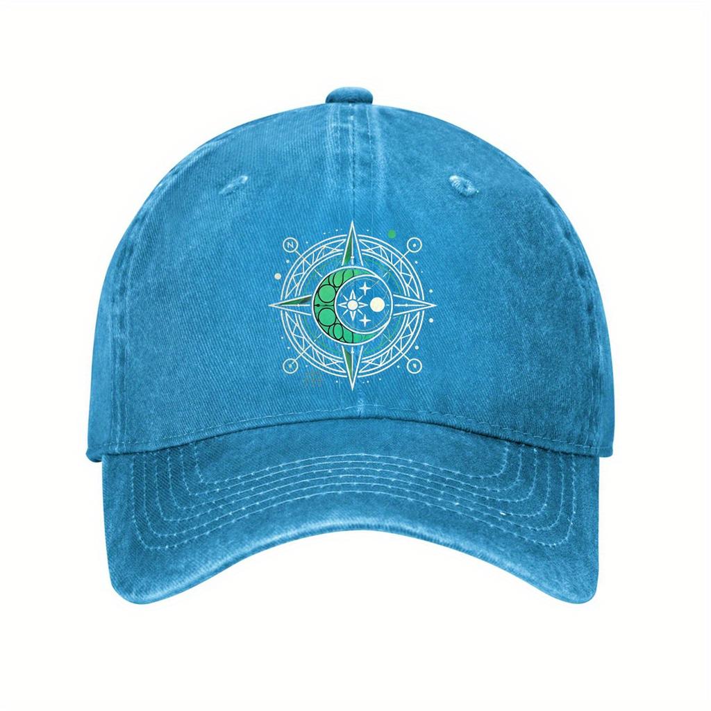 Celestial Compass Moon Stars Print Baseball Cap Distressed Denim Adjustable Unisex Outdoor Casual Hat