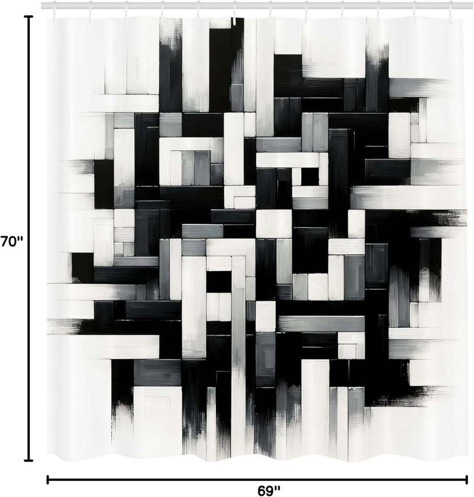 Black And White Shower Curtain, Sketchy Look Brushstrokes Maze Squares And Rectangles Monochrome, Cloth Fabric Bathroo