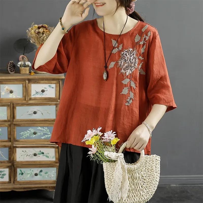Literary Embroidery Retro Embroidery Cotton Linen Summer Short-sleeved New T-shirt Loose Round Neck Pullover Top