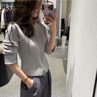 Knitted Knit Sweater with Zipper Slim Fit Sweater Early Autumn Women's Top Round Neck
