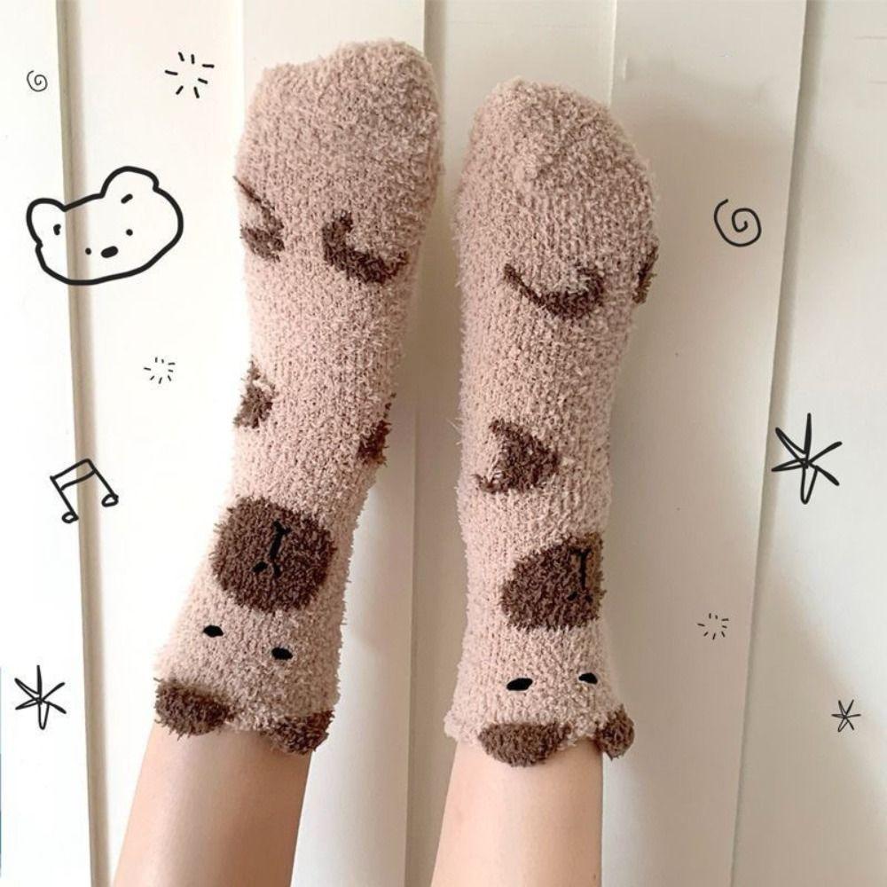 5Pairs Plush Coral Fleece Socks Warm Sleeping Socks Women Cute Capybara Fleece Socks Fall Winter