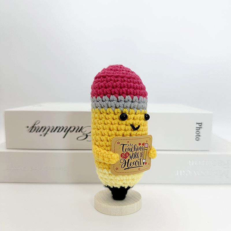Cute Crochet Emotional Support Pencil Doll Handmade Wool Knitted Positive Energy Potato Doll With Card Desktop Ornament Gifts