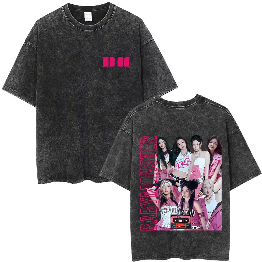Babymonster Vintage Washed T-shirt Hello Monsters World Tour T-shirts Men s Women Korean Fashion Oversized Streetwear T Shirts S разноцветный