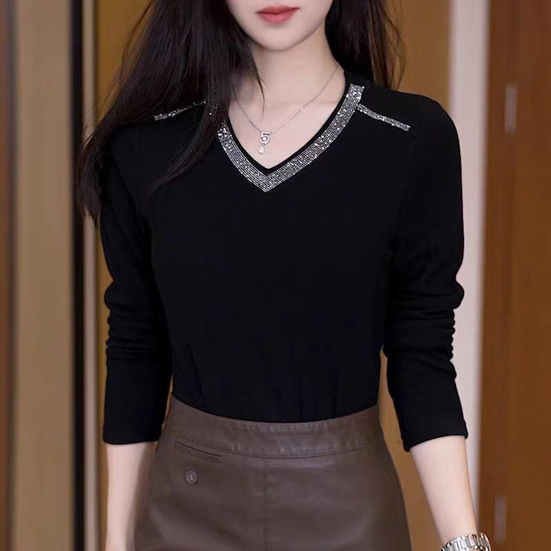 

Elegant Thermal Fleece V-Neck Rhinestone Long Sleeve Top for Age-Reducing and Tummy Coverage XL чорний