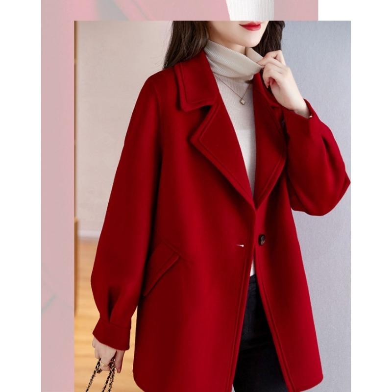 Damen Roter Wollmantel Koreanischer Stil Lockere Passform Vintage Mode Blazer Revers Winterjacke
