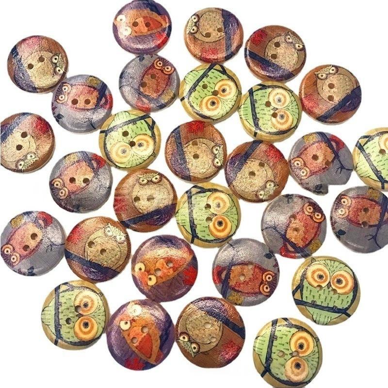 100Pcs 15mm Wooden Animal Button Round Wooden Owl Button Two-Hole Decorative Buttons for Sewing DIY Handmade Scrapbooking