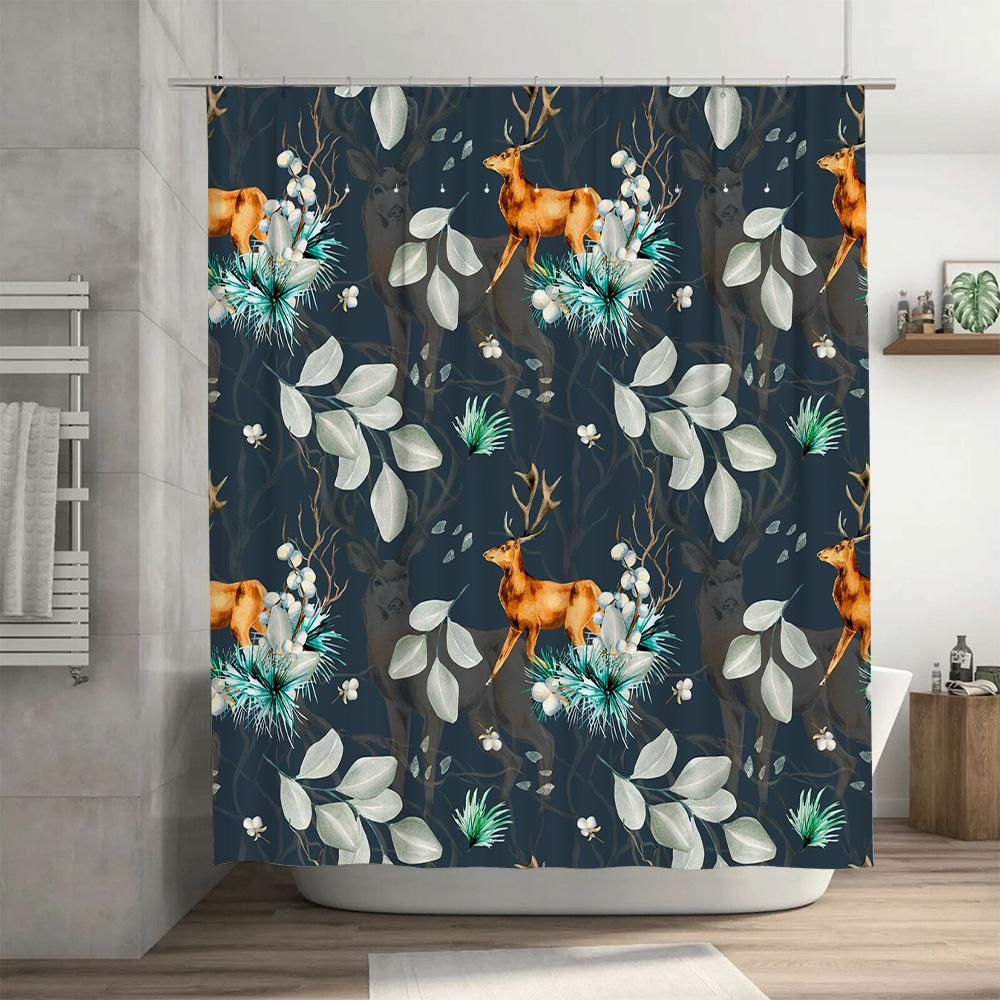 Vintage-inspired Bath Curtain Featuring a Deer Motif with Green Foliage Perfect for Adding an Elegant Touch To Any Bathroom