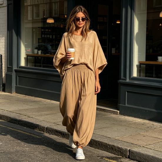 Completo da Donna Due Pezzi Set da Donna 2 Pezzi, Top Largo Girocollo Manica a Pipistrello e Pantaloni a Lanterna, Abbigliamento Estivo per Viaggi Vacanze con Tasche