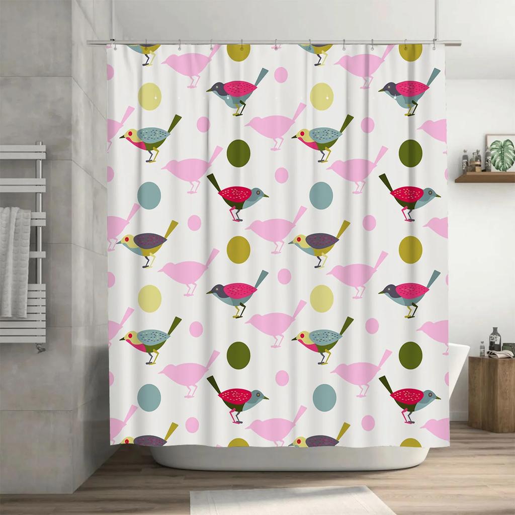 Colorful Birds Drinks Shower Curtain Pink Blue Yellow Green White Decor Home Bath Waterproof Fabric Modern Bathroom Accessories