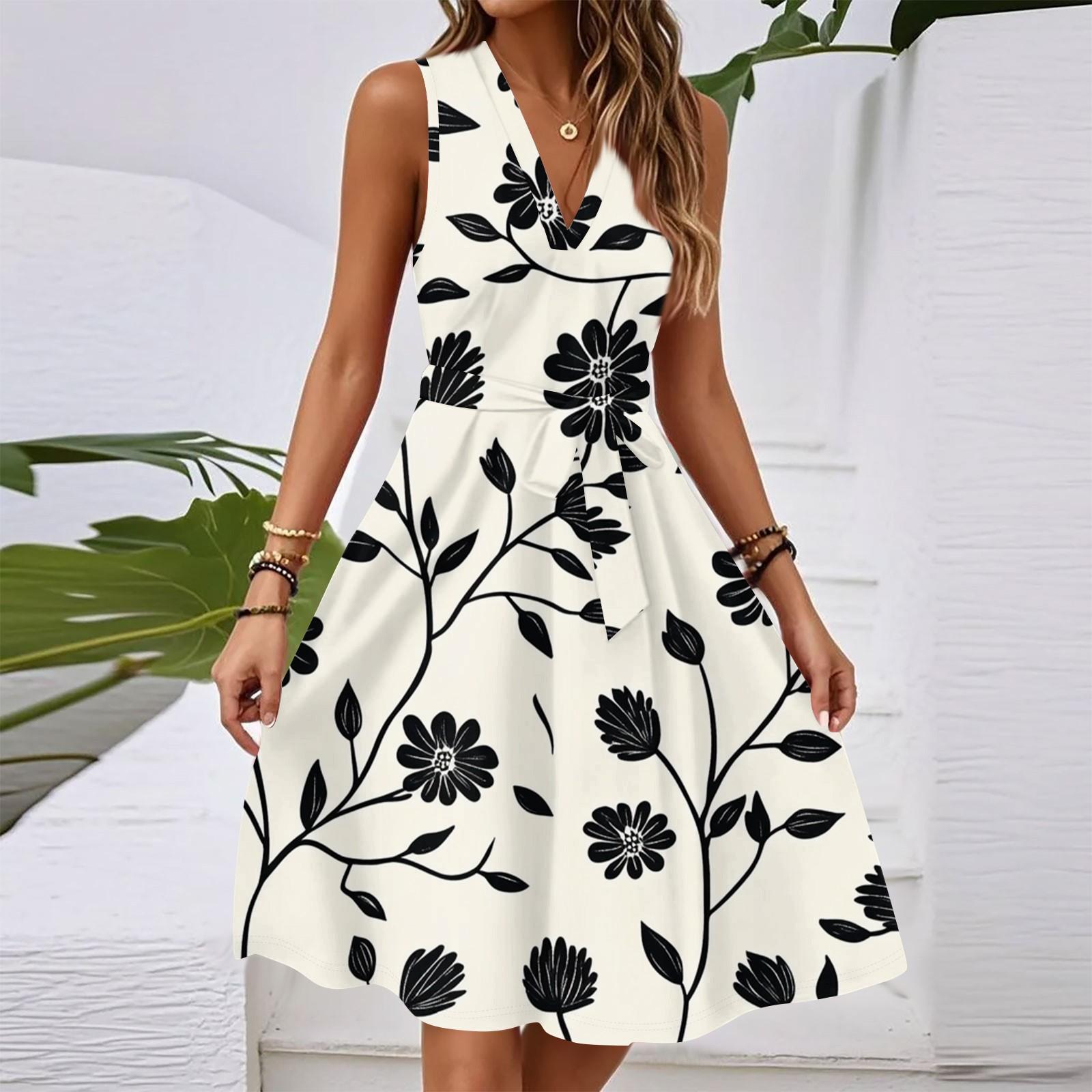 Women s Three-quarter Sleeves Fashionable Floral Print Loose Casual Comfortable Dress L