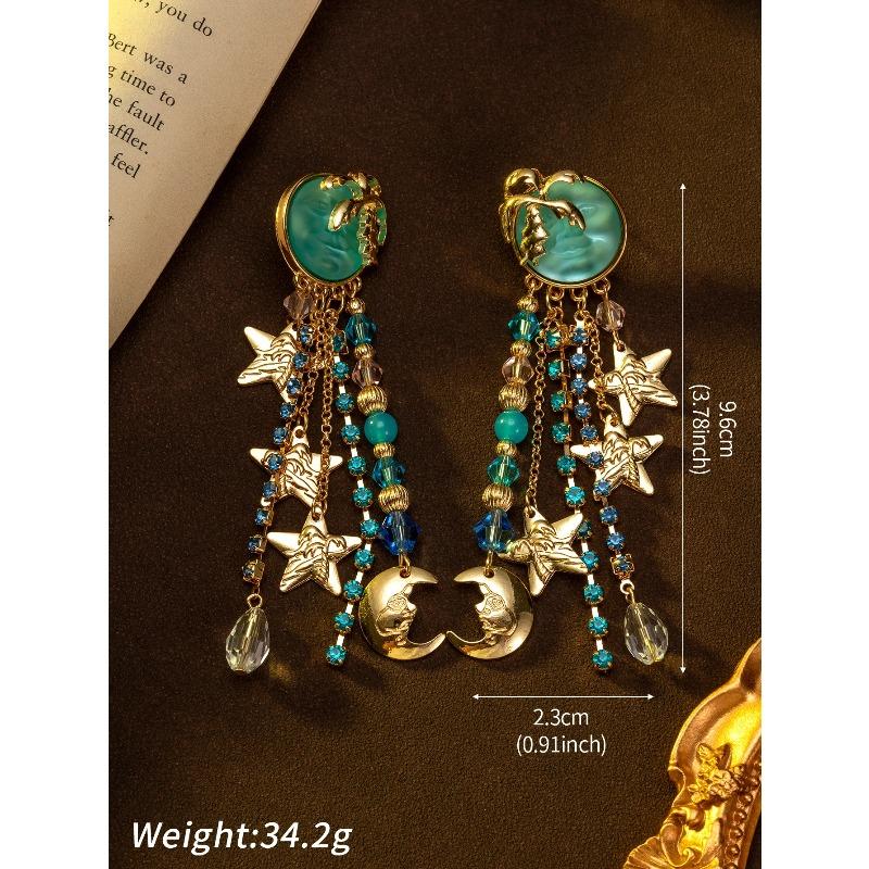 1 Pair of Retro Blue Multi-element Star and Moon Round Face Leaf Fringe Earrings