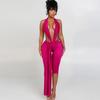 Fall European American Style Solid Color Sexy Sleeveless Halter Backless Tight Jumpsuit