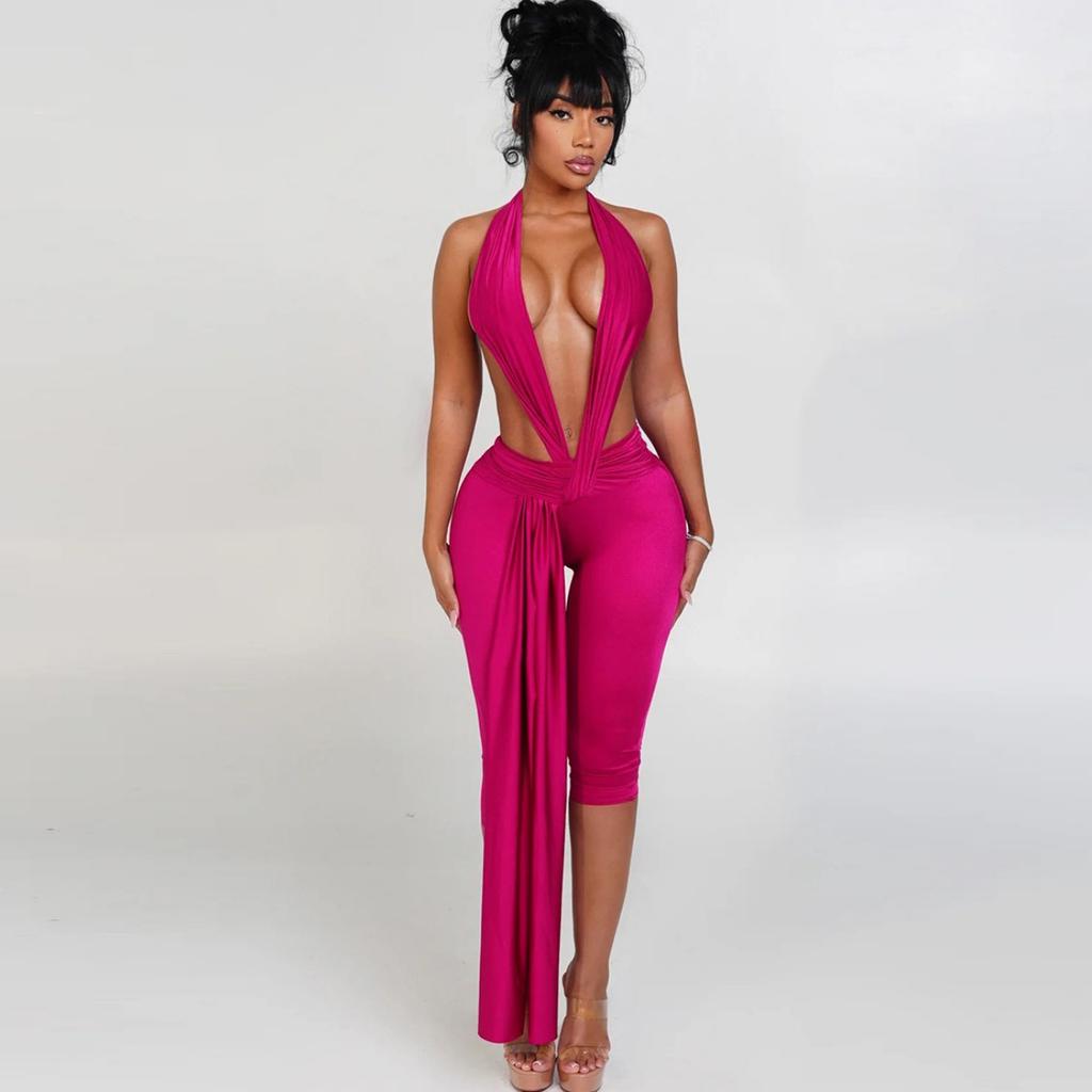 Fall European American Style Solid Color Sexy Sleeveless Halter Backless Tight Jumpsuit