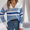 Sweater Women Casual Collar Polo Long Sleeve Knit Pullover Contrast Stripe Autumn Winter