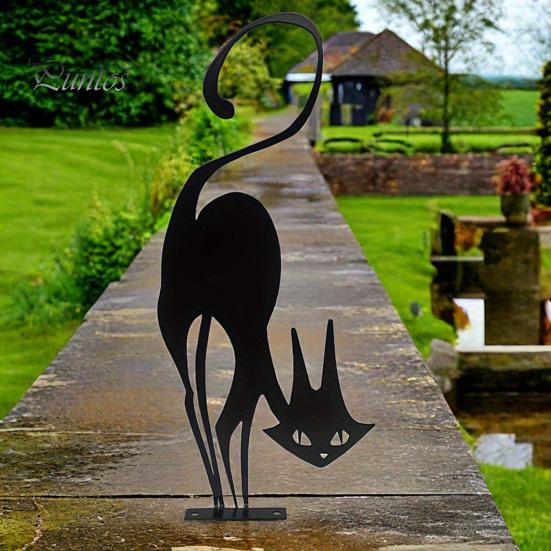 Weather Resistant Garden Decor Black Cat Fence Topper Decoration, Rusty Metal Sign for Halloween, Patio Retro Animal Shape Ornament Outdoor Yard Lawn
