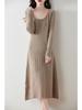 Women's Mid-Length Wool A-Line Dress: U-Neck, Over-the-Knee, Autumn/Winter, Loose & Slimming Base Layer.