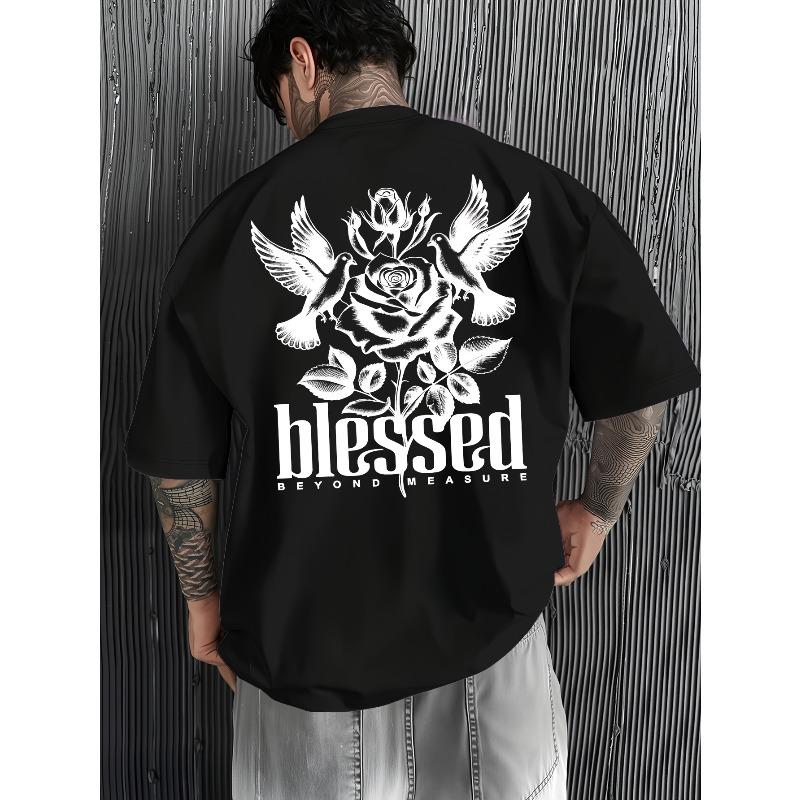 

Classic T-Shirt Featuring a Rose, a White Dove, And The Phrase Blessed Beyond Measure Shirt That Combines Urban Fashion with a Message of Blessings 4XL