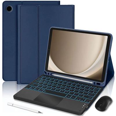 Keyboard Case for Samsung Galaxy Tab A11 Plus / A9 Plus, Navy Blue PU Leather with Backlit Keyboard + Mouse + Stylus