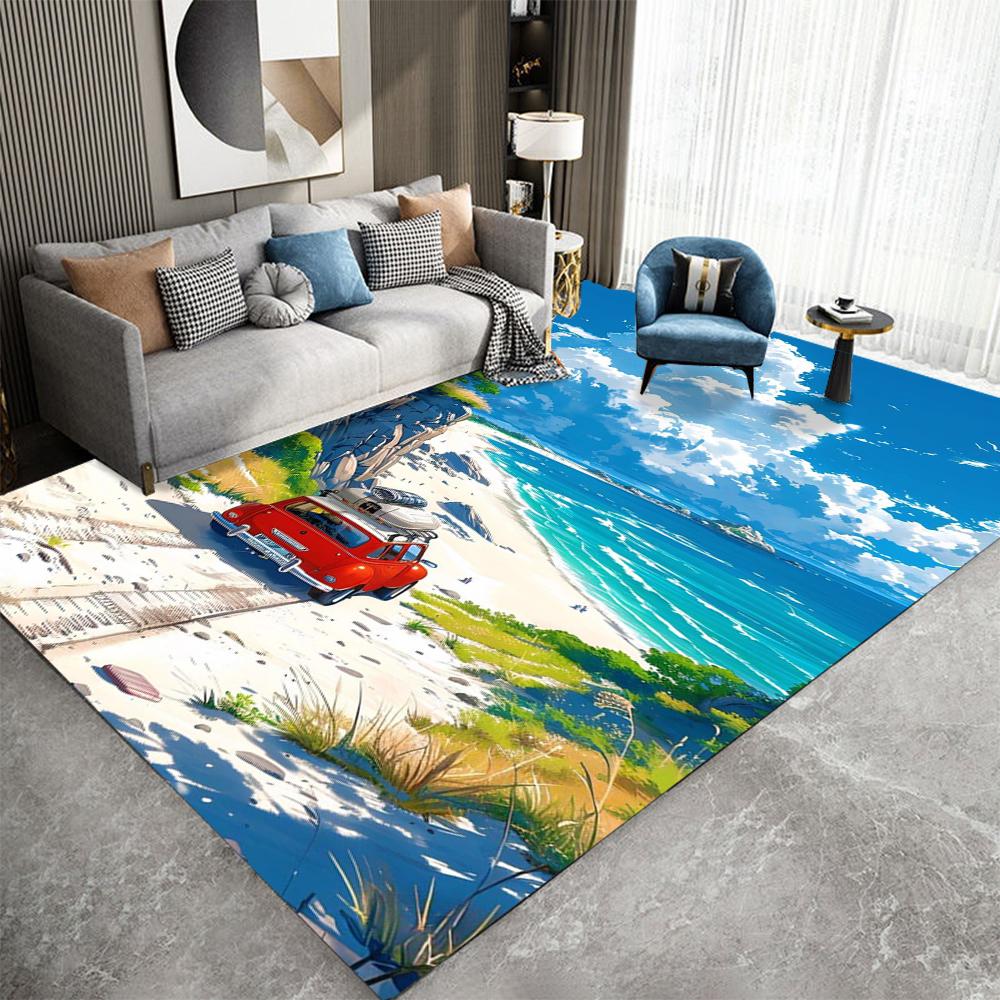 Tropical Beach Scene Carpet  With Palm Tree Flowers Vintage Car Coastal Road Waterfront Hut Patterns Rug For Living Room Decor