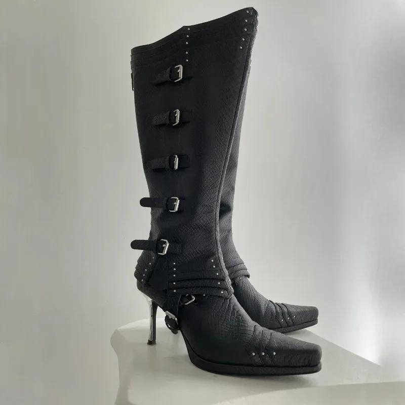

Модные новые сапоги до колена с квадратным носком и ремешком с пряжкой, которые можно разобрать, женские осенние новые сапоги до колена в стиле острой девчонки, модные высокие черно-белые сапоги 35