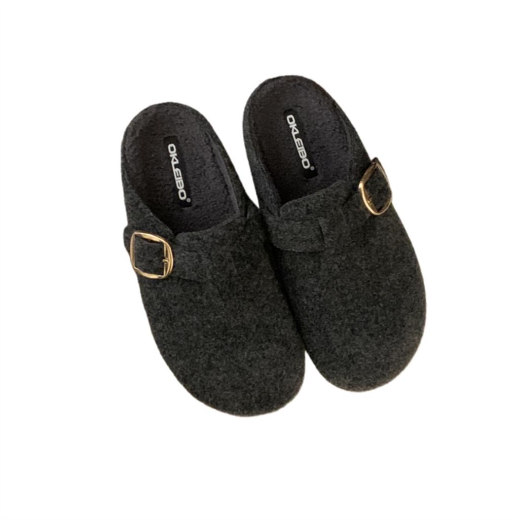 Inner Height Increase Gray Fluffy Shoes Women Wear New Thick-soled Birkenstocks with Velvet Bag Head and Half-drag Cotton Shoes In Autumn and Winter