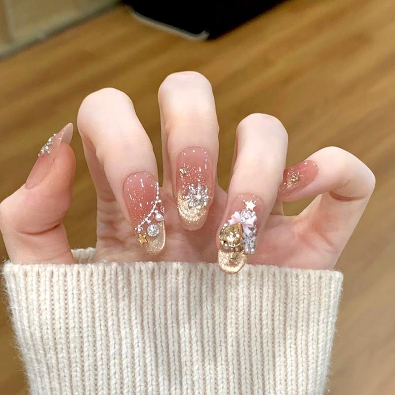 Golden Christmas Handmade Detachable Medium-Length Nude Pink Ice Translucent Nail Tips Medium (M)