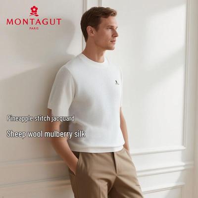 MONTAGUT Męski Krótki Rękaw Sweter Dzianinowy z Mieszanki Wełny Jagnięcej