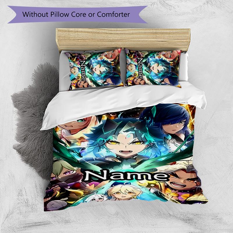 3pcs Custom Name Cartoon Genshin Impact Characters Bedding Set Duvet Cover Closure Includes 1 Duvet Cover & 2 Pillowcases for All Seasons Bedroom Deco