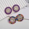 European and American Sunflower Stud Earrings: Colored Inlaid Diamond, Double Layer Round Flower Design