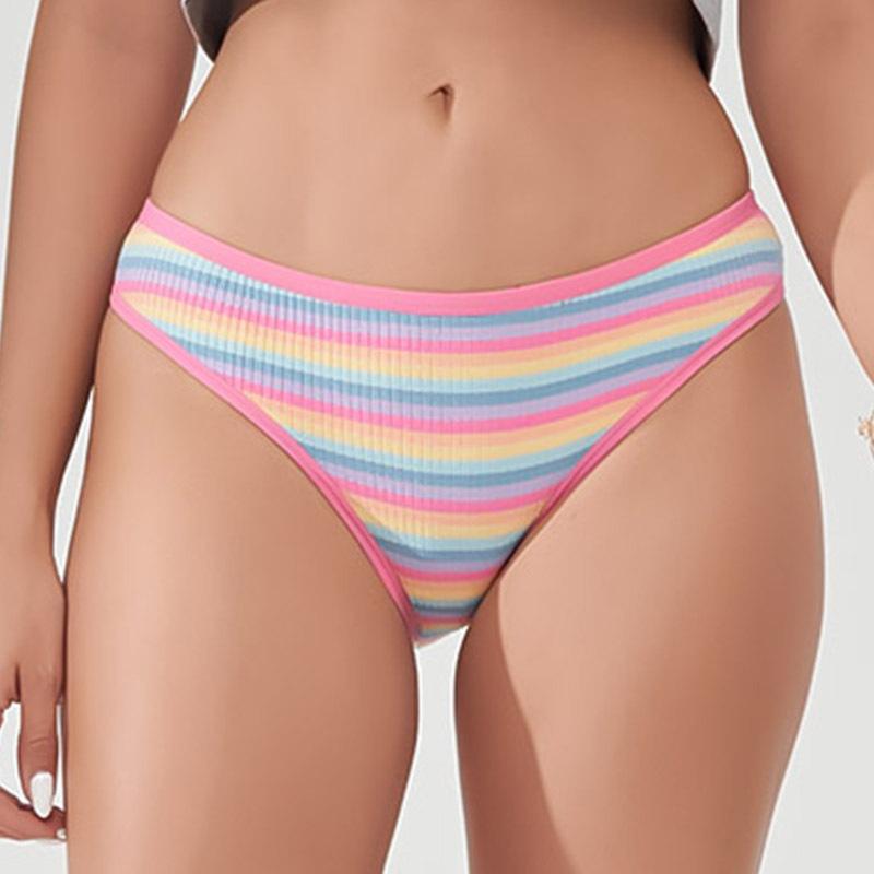 New Colour-Striped Breathable Ribbed Cotton Knickers for Women Comfortable Low-Rise Hot Girl Briefs