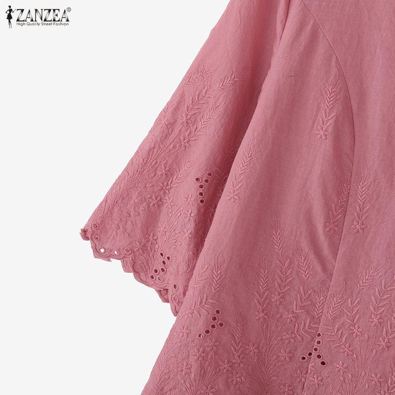 ZANZEA Women Casual Round Neck 3/4 Sleeve Embroidery Loose Blouse