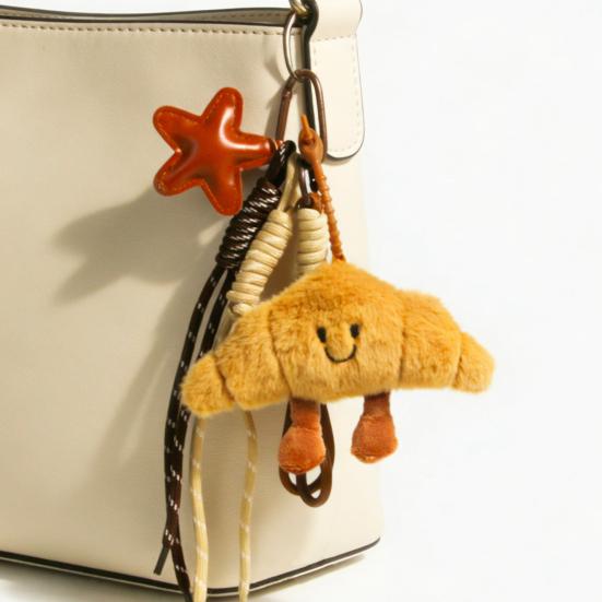 Cute Plush Keychain with Face Soft Fluffy Croissant Baguette Pendant Smiling Bread Bag Charm