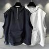 Colete de verão masculino com capuz zíper meia carcela sem mangas estilo hip hop colete jaqueta cor sólida secagem rápida bolsos grandes colete
