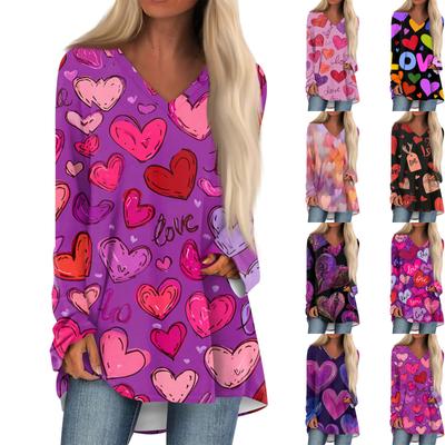 Haut Mi-long Décontracté Tendance pour Femmes avec Imprimé Saint-Valentin à Manches Longues et Col V