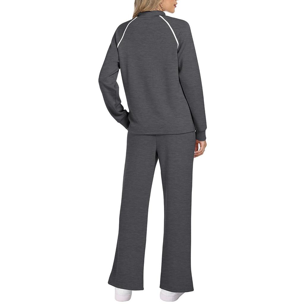 Women's Fashion Solid Color Long Sleeve Top Elastic Waist Straight Pants Casual Set