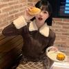 Y2k Fur Coat Women Vintage Harajuku Knitted Jacket Grunge Aesthetics Fur Collar Zipper Coat