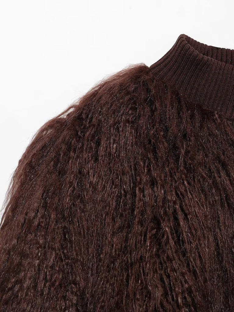 2024 Winter Women's Fashion European & American Style Faux Fur Knit Cardigan