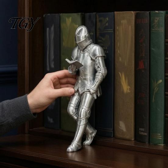Armored Knight Bookend for Library Medieval Bookshelf Decor, Silver-Finished Statue, Fantasy Home Silver Ornament Mantel Office Desktop Ornament,