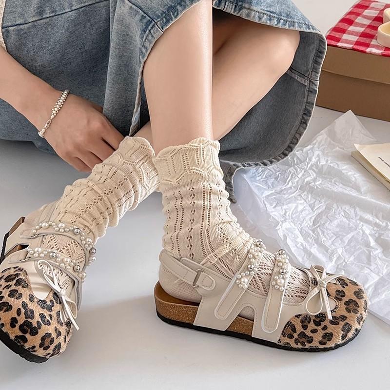 Retro ballet shoes summer wear single shoes summer ugly cute sweet girl pearl leopard print Mary Jane shoes Boken sandals women