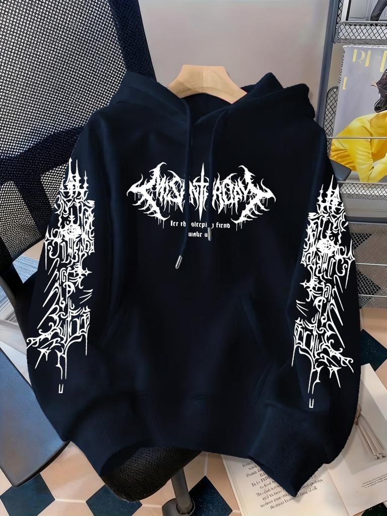 Dark Gothic letter print hooded sweater, the same street loose pullover for men and women